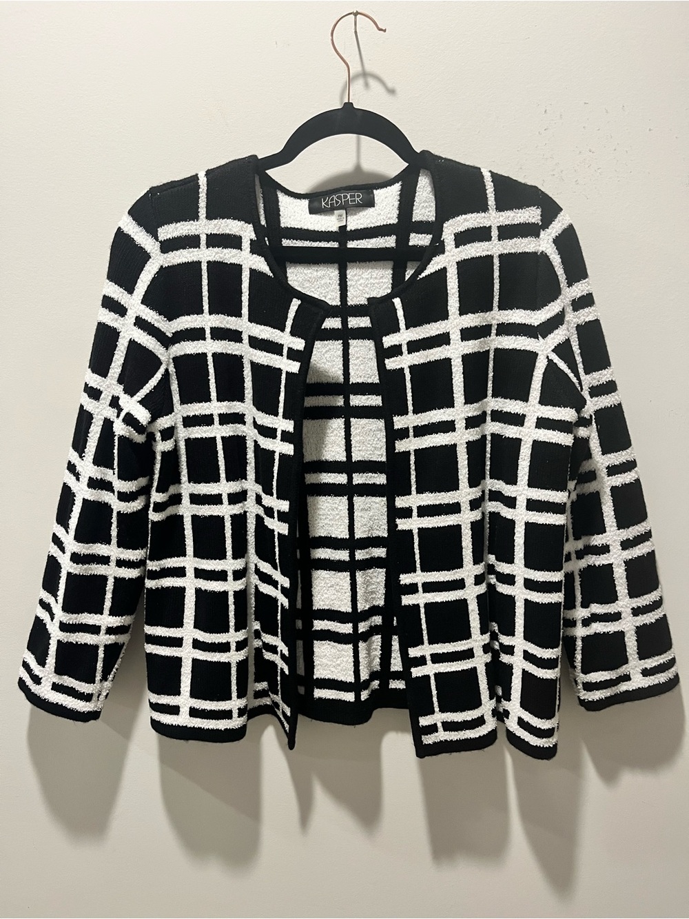 Kasper Black & White Windowpane Open-Front Cardigan Women’s Petite Med Office